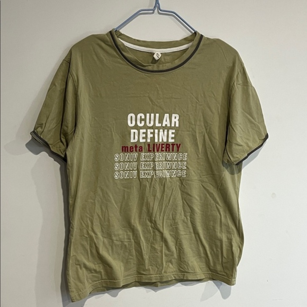Olive Green Graphic Ringer Tee with Red Accents